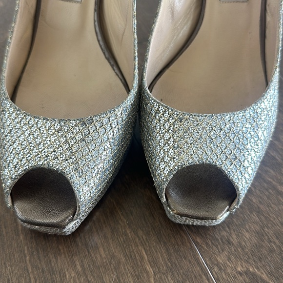 JIMMY CHOO Nova Slingback Heel Peep Toe Platinum Silver Glitter Size 39 - Picture 2 of 11